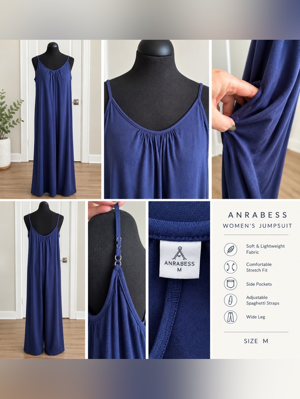 Women's Navy Blue Wide-Leg Jumpsuit Medium